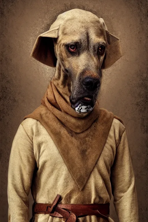 Image similar to Slavic dog head man, woolen torso in medieval clothes, oil painting, hyperrealism, beautiful, high resolution, trending on artstation, with an axe,