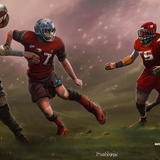 Prompt: fantasy landscape showing two football teams fighting each other on a pitch, high quality trending on artstation