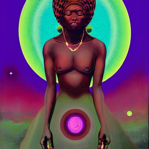 Prompt: an african queen activating her 3rd eye in a solarpunk village by karel thole and amanda sage in a surreal portrait style, oil on canvas, 8k