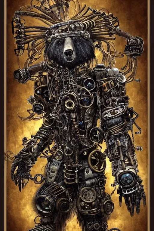 Prompt: wild monstorous anthropomorphic biomechanical bear shaman wearing steampunk artifacts. Have dreadlocks made of cables and wires. Upgraded with hightech cyberwares. huge, big, giant bear human hybrid, mecha animal, tall, very detailed woodcut armor, terrifying and dangerous, scary, beautiful, steampunk monster android hybrid art portrait, matte scifi fantasy painting, half robot half bear. Fullbody, Centered uncut. Full head visinle to the top. Focus on face 50px margins on every side.. DeviantArt Artstation, by Igor Goryunov, featuring Jason Felix, Steve Argyle, Tyler Jacobson and Peter Mohrbacher, cinematic lighting