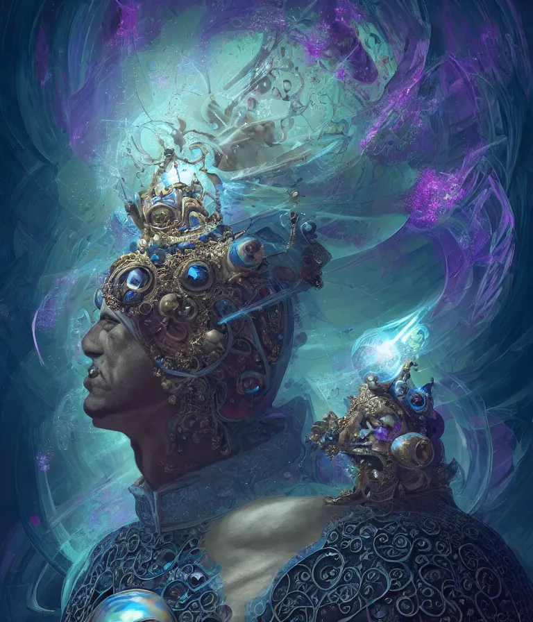 Image similar to front!!! shot of a court jester!!! character, mesmerizing fractal hypercubes, dark holography!!!, future, oil slick nebula, crystalline edges, (((intricate))), elegant, highly detailed, centered, (((artstation, concept art, smooth, sharp focus, artgerm, Tomasz Alen Kopera, Peter Mohrbacher, donato giancola, Joseph Christian Leyendecker, WLOP, Boris Vallejo))), ((raytracing)), mugshot!!!!!, ugly!!!!!!, octane render, nvidia raytracing demo, octane render, nvidia raytracing demo, octane render, nvidia raytracing demo, grainy, muted, 8K, digitalblasphemy, metatron