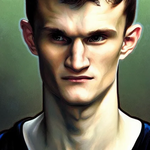 Image similar to Portrait of Vitalik Buterin as the gigachad, highly detailed, digital painting, artstation, concept art, matte, sharp focus, illustration, art by Artgerm and Greg Rutkowski and Alphonse Mucha, portrait