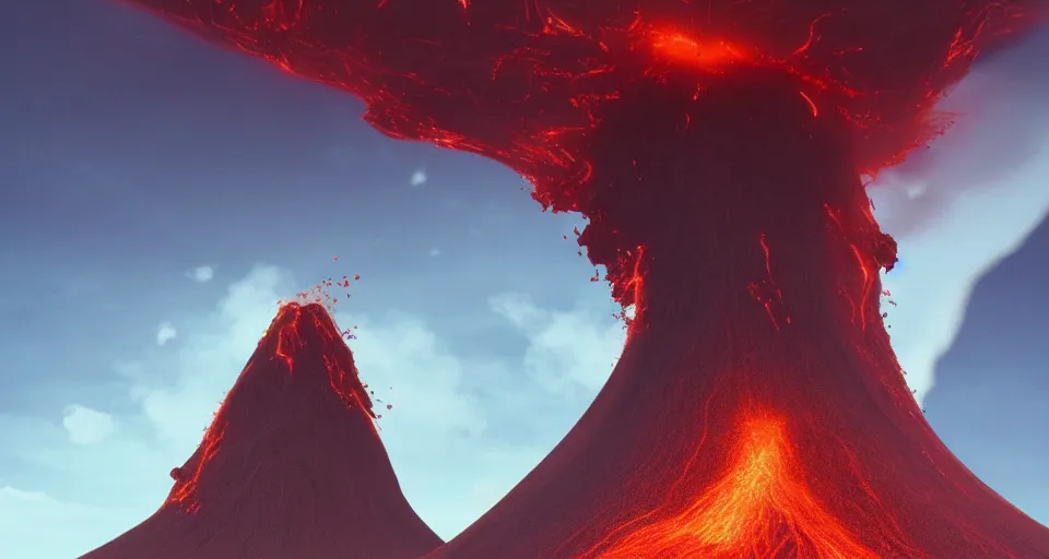 Image similar to a volcano made of ivory vines and crimson rocks enters in eruption, it spits a smoke in the shape of demonic eye, by Beeple