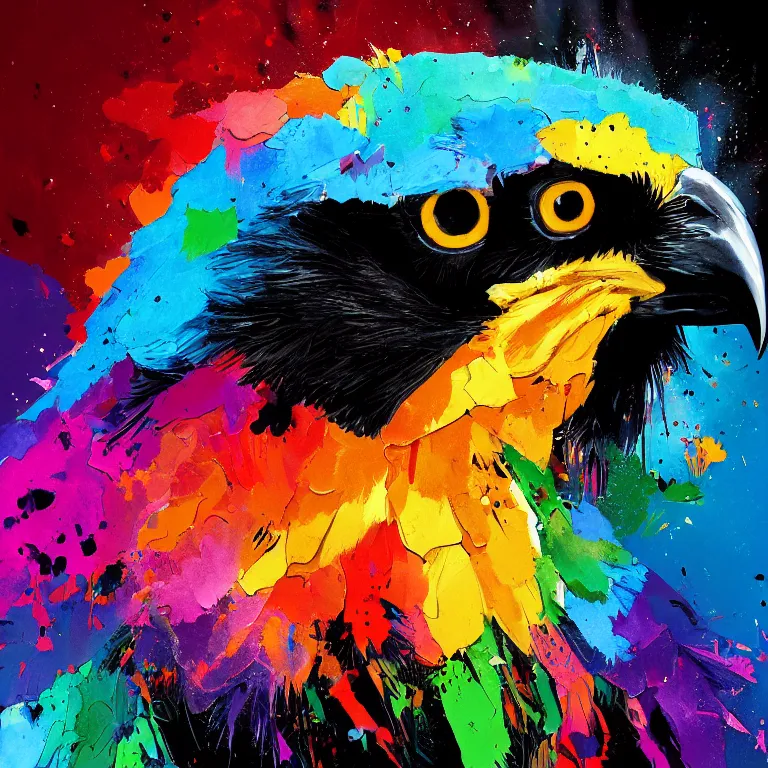 Prompt: colorful illustration of black raven bird, colorful splatters, by andy wrahol and zac retz and kezie demessance