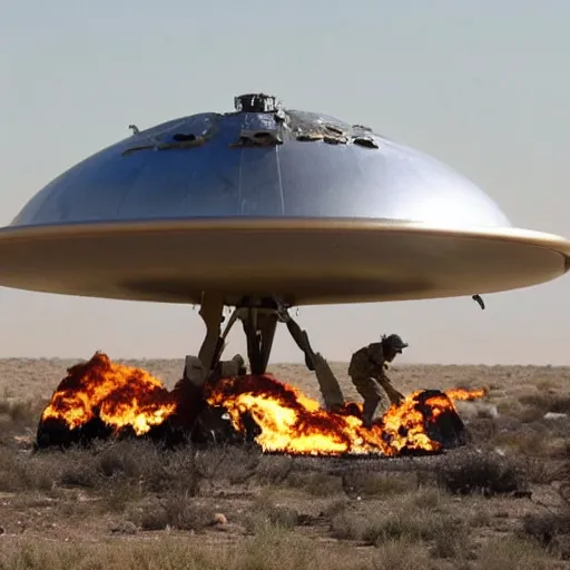 Prompt: army troops surround shiny metallic ufo flying saucer with transparent dome crashed in the desert, smoking and burning in flames