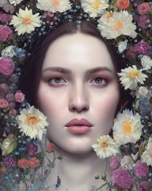 Prompt: symmetrical portrait of a 2 5 year old girl, surrounded by flowers by karol bak, james jean, tom bagshaw, rococo, sharp focus, trending on artstation, cinematic lighting, hyper realism, octane render, 8 k, hyper detailed.