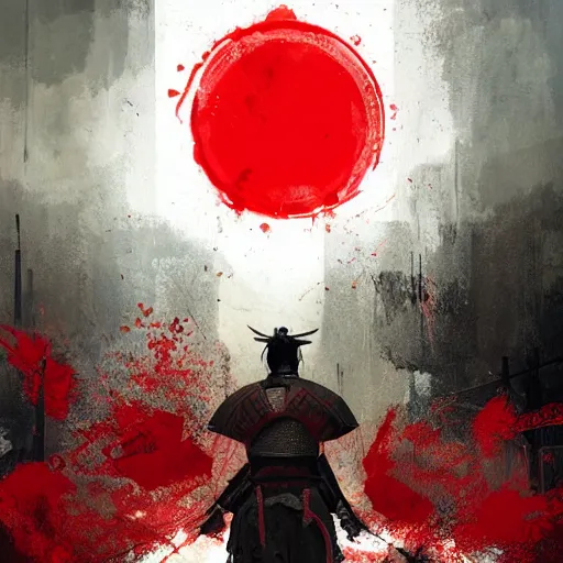 Image similar to artwork by Craig Mullins and Russ Mills and SPARTH showing a well-adjusted samurai in front of a red circle