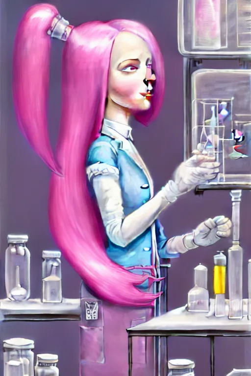 Image similar to highly detailed, industrial photography, profile view of adult princess bubblegum from adventure time, working in her science lab, wearing lab coat, long bubblegum hair, long straight bangs, confident, beautiful, attractive, illustration concept art by nicoletta ceccoli, mark ryden, lostfish, detailed and intricate environment, 8 k resolution, hyperrealistic, octane render