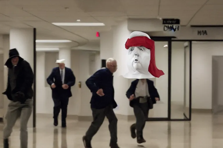 Image similar to bank robbers running out of white bank wearing trump masks by Emmanuel Lubezki