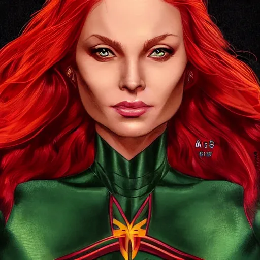 Image similar to Portrait of Jean Grey, a beautiful woman in her 30s, with red hair and green eyes, symmetrical face, detailed face, delicate features, warm and gentle smile, artstation, graphic novel, art by by Ardian Syaf,