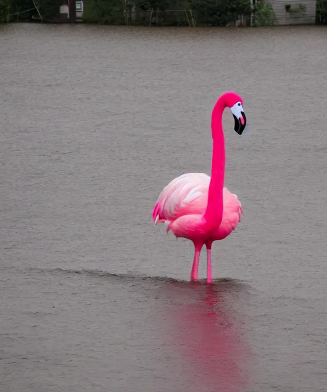 Image similar to breaking news : giant pink flamingo walking through the flooded roads of new york after heavy rainfalls, professional photography taken from a helicopter