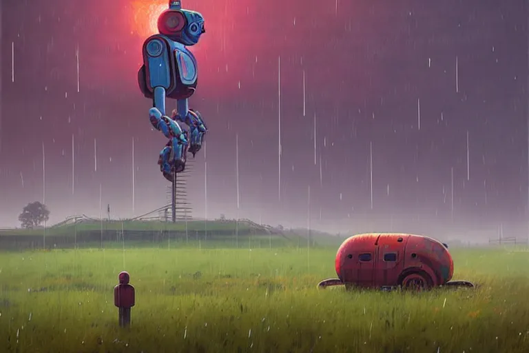 Image similar to British countryside derelict giant robot raining by Simon Stålenhag