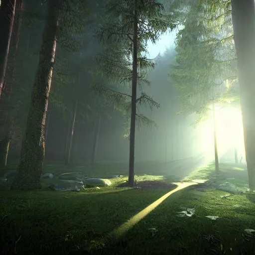 Prompt: photorealistic portal to another dimension in the middle of a forest, foggy, dynamic lighting, sun rays, ray tracing, cinematic, hyperrealism, stunning visuals 8k