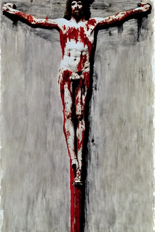 Image similar to bloody jesus christ crucified painted by cy twombly and andy warhol