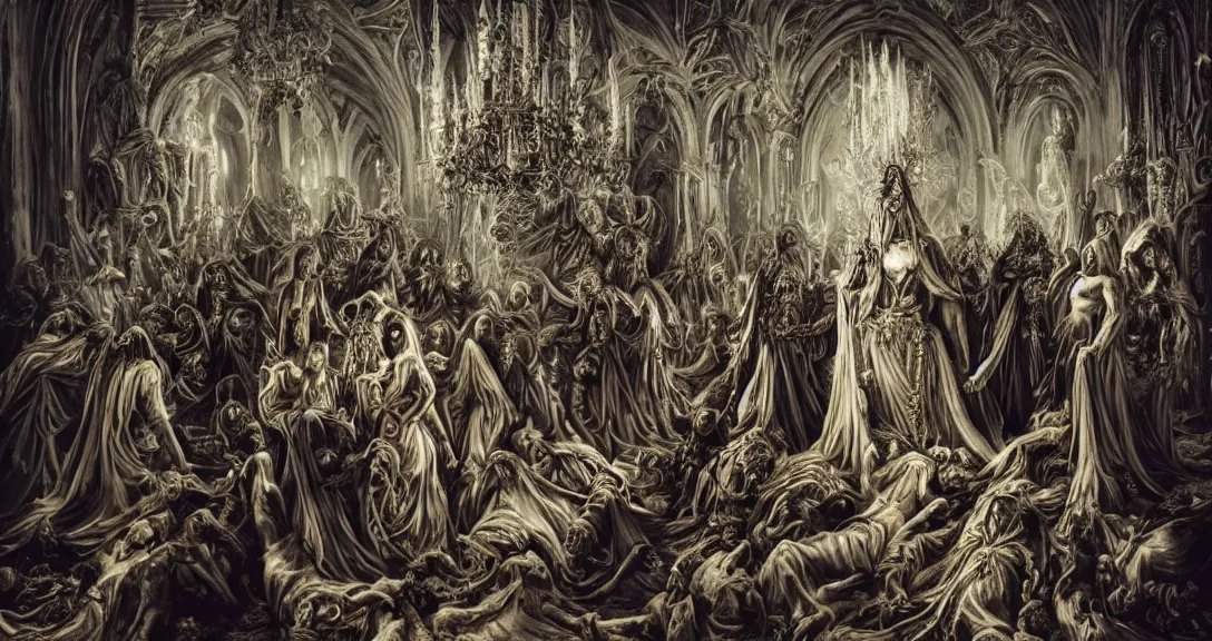 Image similar to photo of sacred blasphemous ritual of the undead, style of Peter Gric, lavish rococo baroque setting, fashion-photography, unholy ceremony, sacrilegious rite, evil, menacing, ominous, threatening, sinister, malevolent. Highly-detailed, photographic, cinematic, dramatic, establishing shot