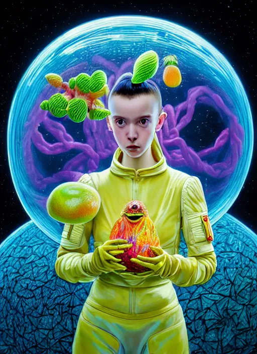 Prompt: hyper detailed 3d render of like a chiaroscuro oil painting - kawaii portrait outside spaceship (an astronaut queen with advanced suit like a skeksis from dark crystal that looks like millie bobby brown and Krysten Ritter) seen Eating of the Strangling network of yellowcake aerochrome and milky Fruit and His delicate Hands hold of gossamer polyp blossoms bring iridescent fungal flowers whose spores black the foolish stars by Jacek Yerka, Ilya Kuvshinov, Mariusz Lewandowski, Houdini algorithmic generative render, Abstract brush strokes, Masterpiece, Edward Hopper and James Gilleard, Zdzislaw Beksinski, Mark Ryden, Wolfgang Lettl, hints of Yayoi Kasuma, octane render, 8k