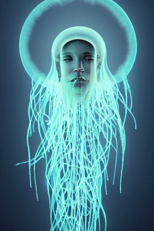 Prompt: Bioluminescent jellyfish, Her breath shot a haze of steam out into the frosty morning air concept, soft light, soft mood, realistic body features and face, illustration,intricate ornament halo, painting oil on canvas by Elena Zhurikhina and Goro Fujita and Charlie Bowater, octane render trending on artstation, 4k, 8k, HD