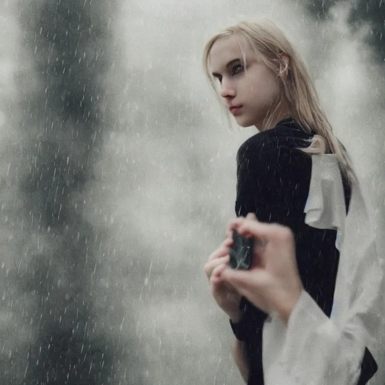 Image similar to cute annie leonhart holding taking a photo of me wallpaper, beautiful face, pale skin, rule of thirds, cinematic lighting, rainy weather, melancholy atmosphere, volumetric light, realistic reflections, sharp focus, backlit, model agency, instagram photo, shot on iphone 1 3 pro max, beauty filter, postprocessing