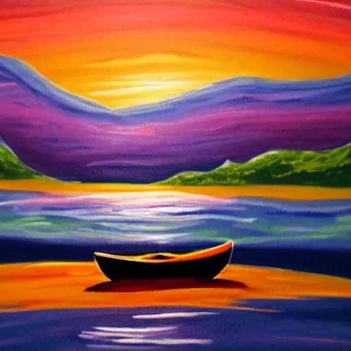 Prompt: a sea landscape with a boat in sunset acrylic paint