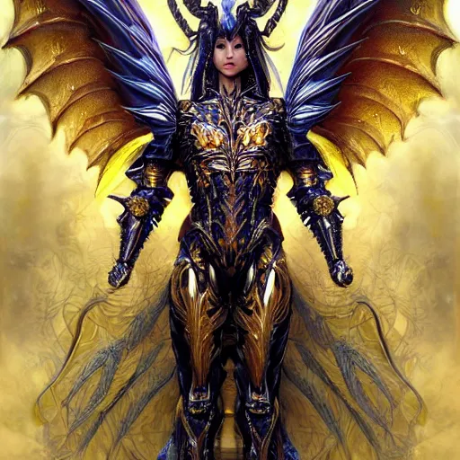 Image similar to a beautiful symmetrical muscular full body wearing a dragon armor with wings made of golden ornaments and gems, by alex gray and android jones , Karol Bak, Ayami Kojima, Amano , concept art, character design, fantasy,3D, 8k resolution