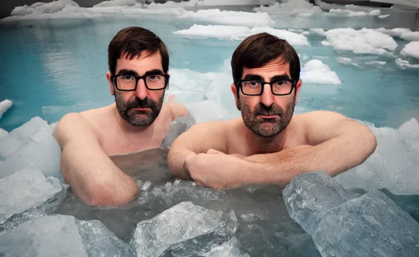 Image similar to Adam buxton and louis theroux in an ice bath, bath of ice, cold, odd, depth of field, photorealistic