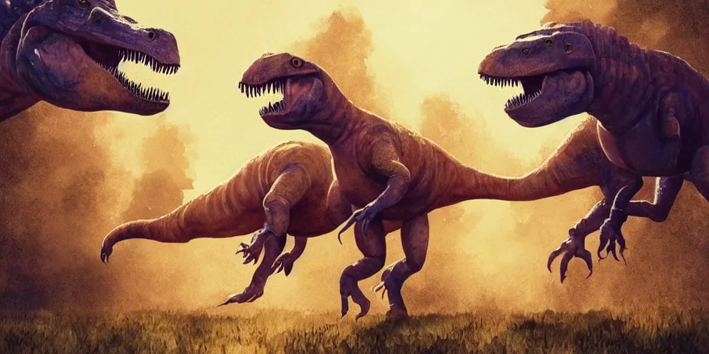 Prompt: two dinosaurs playing football, watercolour, motion blur, golden hour lighting, Steampunk style, delicate, quiet, peaceful, passionate, trending on behance, Award Winning, sharp, Trending on ArtStation, Unreal Engine