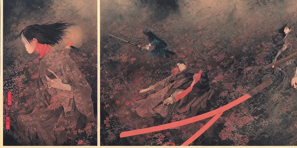 Image similar to Japanese schoolgirl runs away from Samurai with a katana on the subway, high detailed Beksinski painting, part by Adrian Ghenie and Gerhard Richter. art by Takato Yamamoto. deep colours