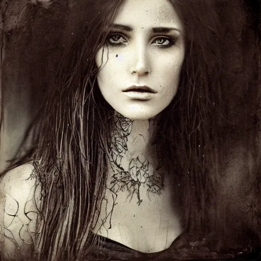 Image similar to old full frame duotone wetplate daguerreotype portrait of a beautiful woman, 3 0 years old, fractal, intricate, elegant, highly detailed, parallax, leica, subsurface scattering, by luis royo and greg rutkowski