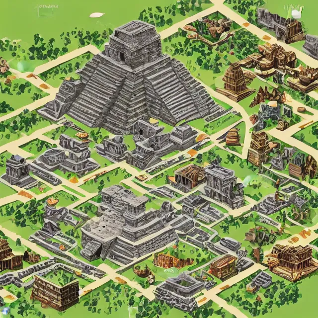 Prompt: an isometric game map of Tikal, Lost World Pyramid, Tikal Temple IV, Maya Temples