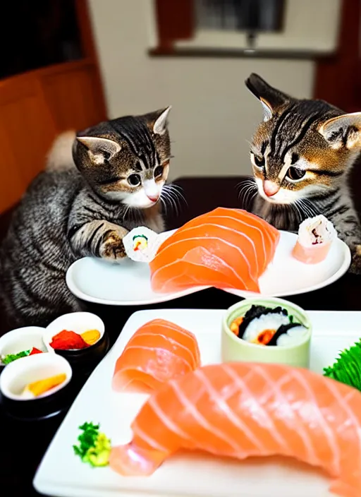 Image similar to clear photograph of cute cats stealing sushi from sushi plates