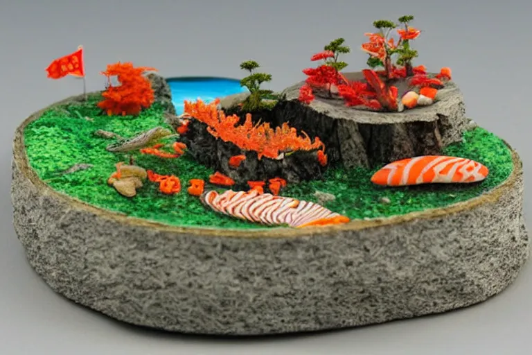 Prompt: miniature island made of sushi, diorama picture, 5 5 mm, sushi - island