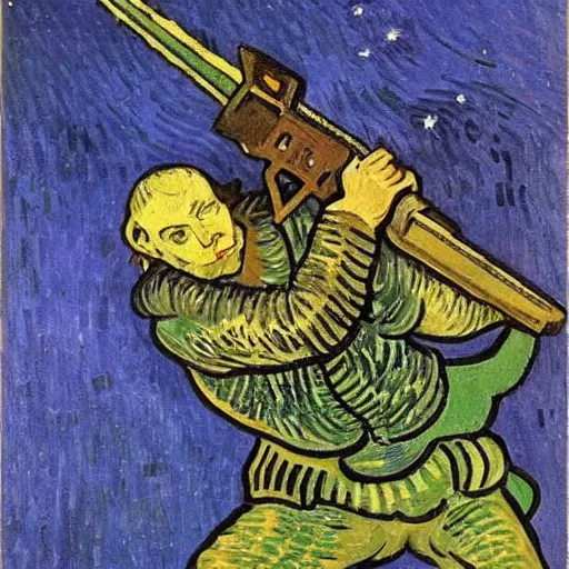 Prompt: a knight, shooting a dragon with an ak-47, by Van Gogh