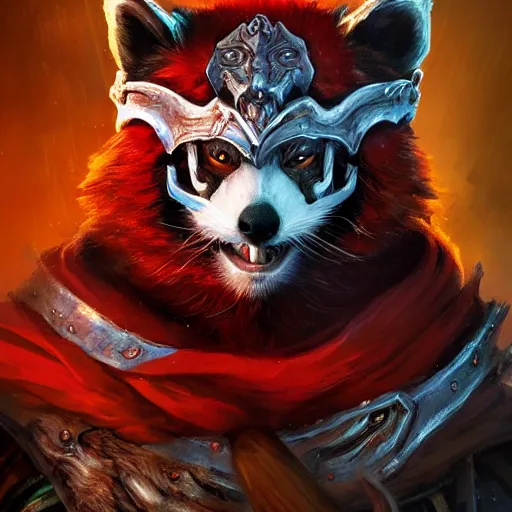 Image similar to red panda as lich king character, world of warcraft, digital illustration portrait design, by android jones and greg rutkowski, retrowave color scheme, detailed, cinematic lighting, wide angle action dynamic portrait