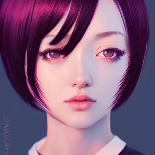 Image similar to cute girl, short silky hair, velvet, film, occlusion shadow, specular reflection, rim light, unreal engine, artstation, pinterest, art by hiroaki samura, range murata and ilya kuvshinov, intricate, highly detailed 8 k, art deco illustration, realistic, extremely beautiful shape of face, neck, shoulders eyes