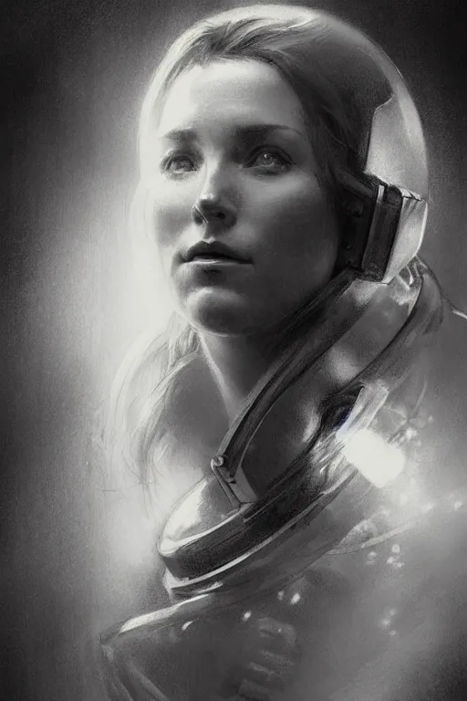 Image similar to portrait pencil sketch of female astronaut by jeremy mann and alphonse mucha, fantasy art, realistic drawing, dynamic lighting, artstation, poster, volumetric lighting, very detailed faces, 4 k, award winning