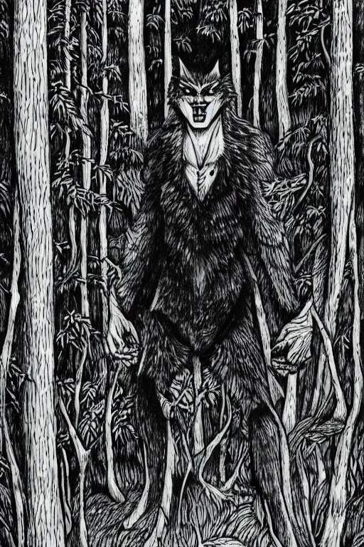 Image similar to a drawing of a werewolf in a forest, by junji ito