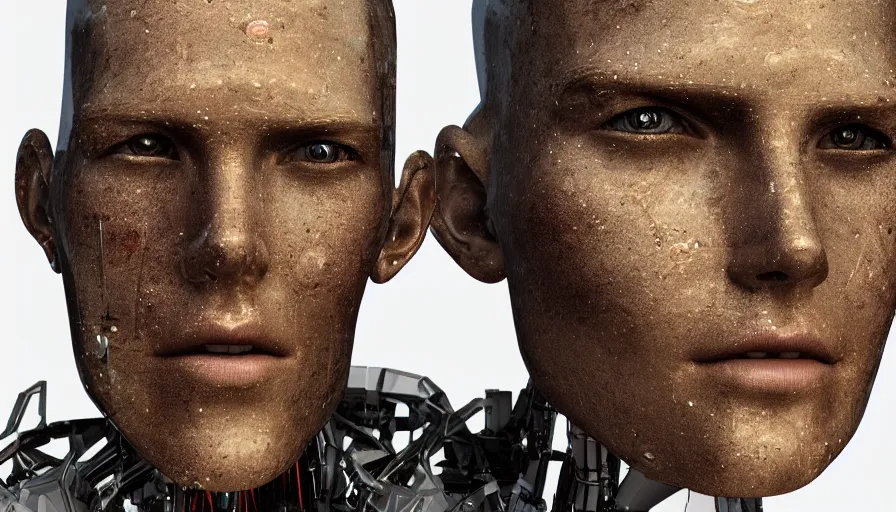 Prompt: hyperrealistic mixed media portrait of humanoid roboter forward angle, stunning 3d render inspired art by P. Craig Russell + perfect facial symmetry + dim volumetric lighting, 8k octane beautifully detailed render, post-processing, extremely hyperdetailed, intricate complexity, epic composition, grim yet sparkling atmosphere, cinematic lighting + masterpiece, trending on artstation