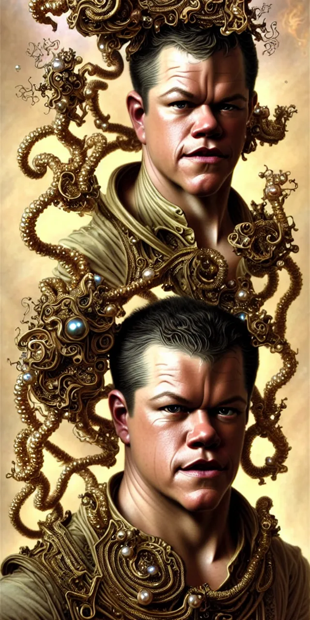 Prompt: handsome matt damon baroque rococo fantasy character portrait, ultra realistic, intricate details, the fifth element artifacts, highly detailed by peter mohrbacher, hajime sorayama, wayne barlowe, boris vallejo, aaron horkey, gaston bussiere, craig mullins alphonse mucha, rococo curves swirls and spirals, flowers pearls beads crystals jewelry goldchains scattered