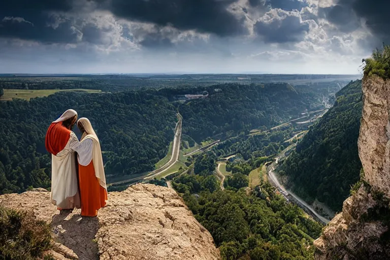 Image similar to a unique digital photo of jesus and mary magdalene standing on a cliff looking over a beautiful landscape in france, rennes - le - chateau, award winning photo, very detailed, very realistic cinematic