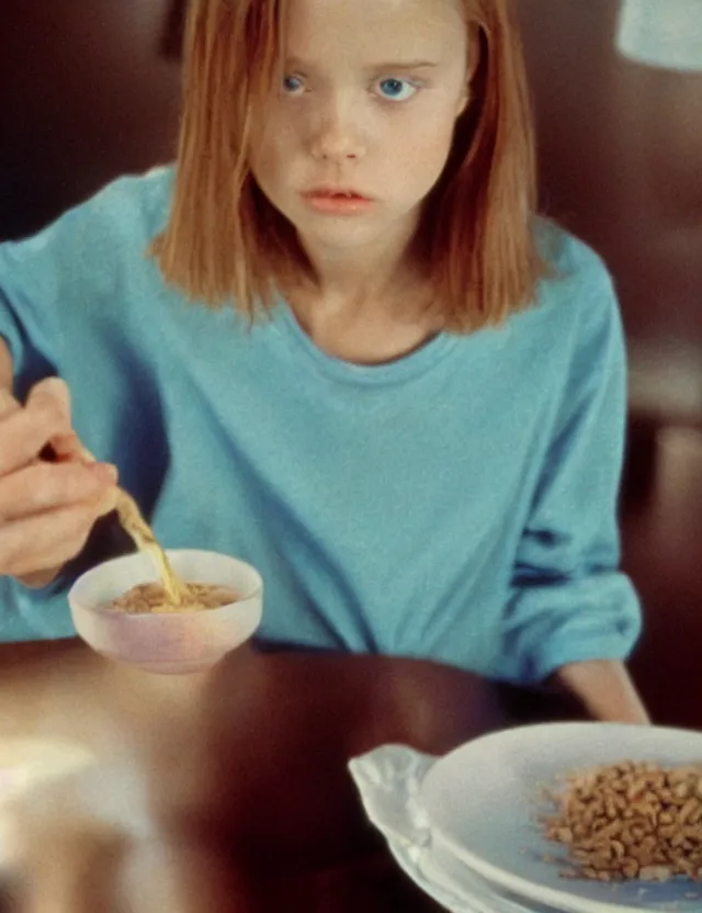 Image similar to young courtney cox eating cereal in an oversized shirt, redshift, colour shift, wide shot, coloured polaroid photograph, pastel, kodak film, hyper real, stunning moody cinematography, by maripol, fallen angels by wong kar - wai, style of suspiria and neon demon, david hockney, detailed, oil on canvas