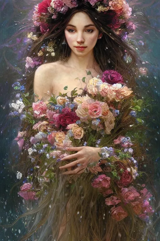 Image similar to portrait of a beautiful mysterious woman holding a bouquet of flowing flowers, wet dripping long hair, hands hidden under the bouquet, emerging from the water, fantasy, regal, intricate, by stanley artgerm lau, greg rutkowski, thomas kindkade, alphonse mucha, loish, norman rockwell