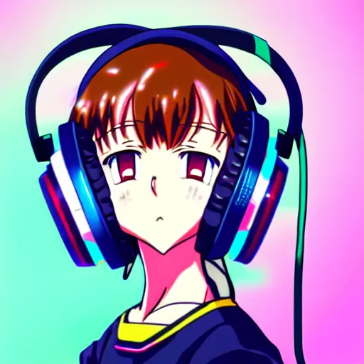 Image similar to An anime character's head wearing retro headphones. 90s anime, Sailor Moon, Neon Genesis, official art, flat cell shading, fantastic screenshot art, trending on artstation, muted nostalgic colors