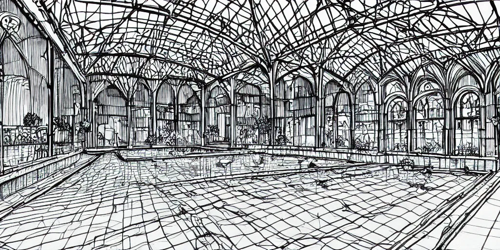 Prompt: lineart black and white indoor swimming pool with large blue archways, giant windows overlooking a garden, drawn with micron pen in the style of popular manga