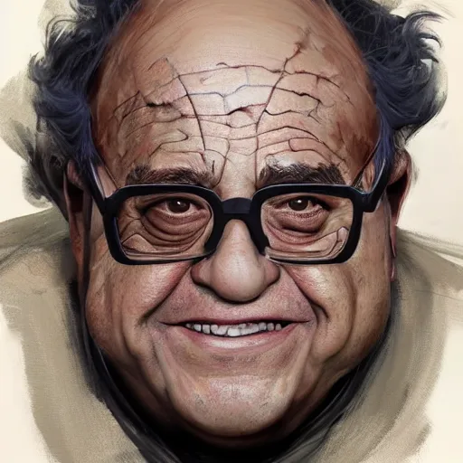 Prompt: a professionally painted portrait of Danny Devito, clothed in ancient battle armor, wrinkled skin, curly black hair, round glasses, scar across face, intricate, elegant, digital painting, trending on Artstation, concept art, smooth, sharp focus, illustration, from Metal Gear by Ruan Jia and Mandy Jurgens and Artgerm and and william-adolphe bouguerea, award winning