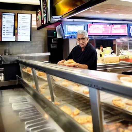 Image similar to A photo of Dr. Anthony Fauci flipping burgers at a fast food restaurant