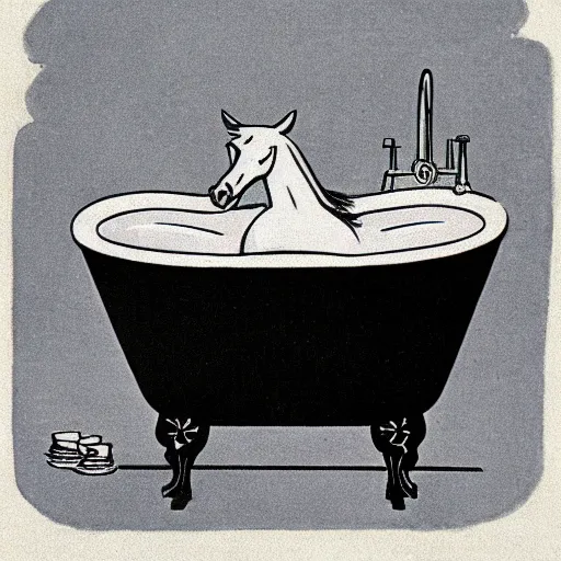 Image similar to vintage 1 9 5 0 s illustration of a horse sitting in a tub full of baked beans