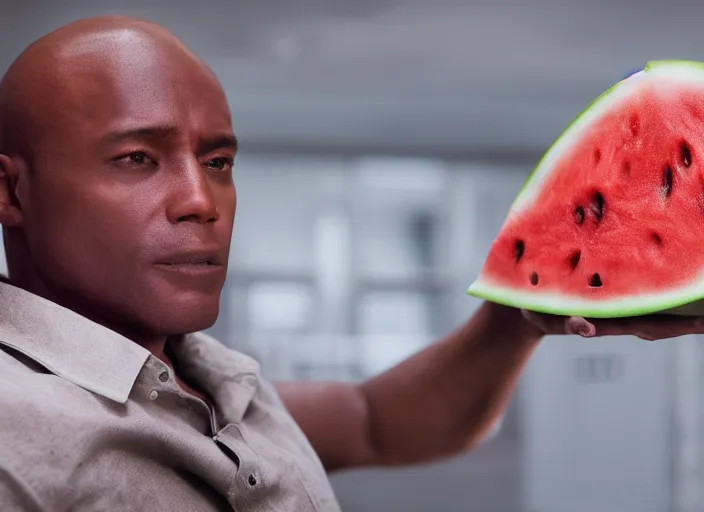 Prompt: film still of a man with a watermelon for a head in the new scifi movie, 4 k