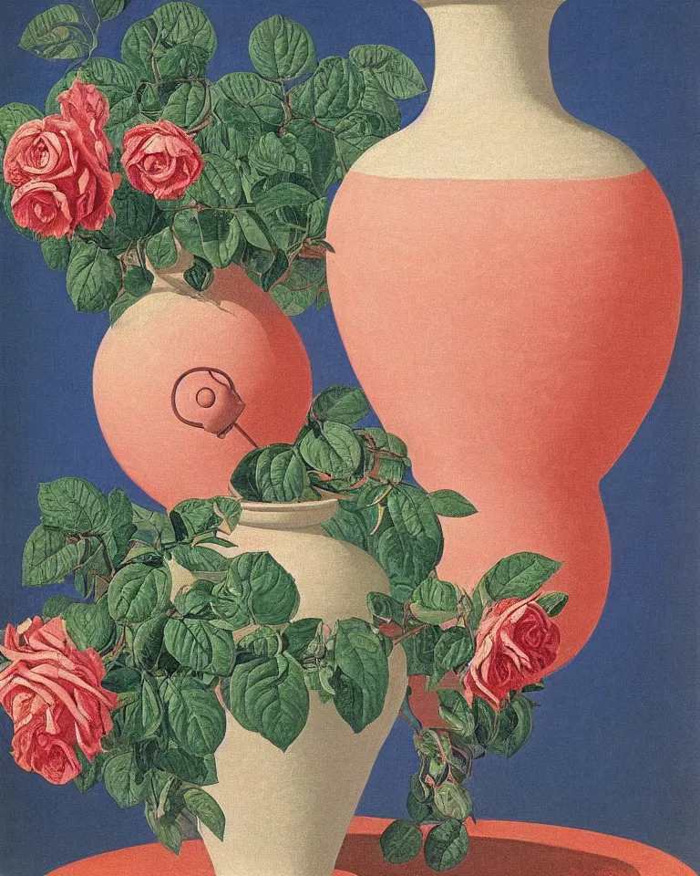 Prompt: achingly beautiful print of intricately painted ancient greek amphora on rose background by rene magritte, monet, and picasso.