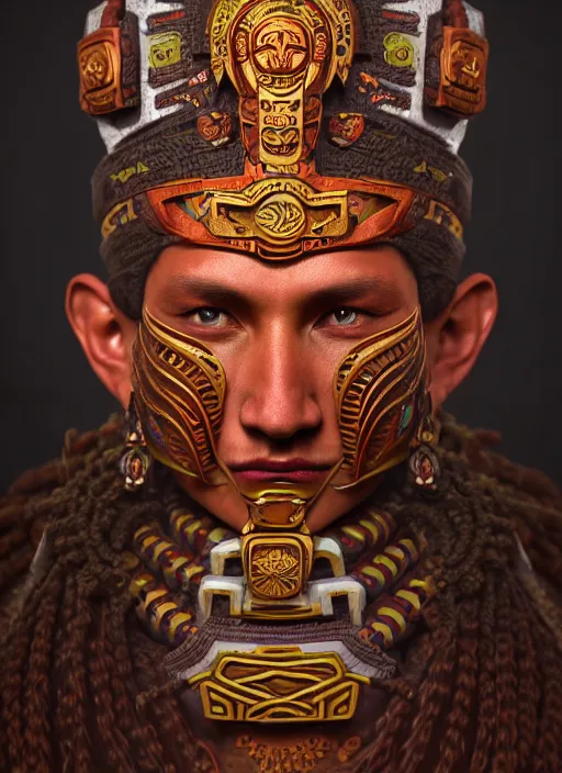 Prompt: ancient aztec warrior god king highly detailed portrait concept art, aztec folklore symbols, doom, artgerm, alphonse mucha, maxim sukharev, alexey egorov, kilian eng, majestic, masterpiece, psychedelic, vibrant, trending on cgsociety, octane render, 8 k