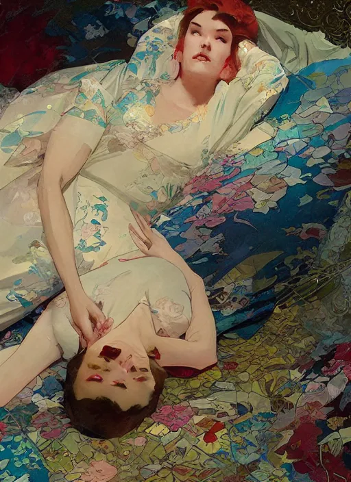 Prompt: an art nouveau realistic illustration of miranda presley lying in her bed dead of fentanyl poisoning wearing a kimono designed by balenciaga by john berkey by stanley artgerm lau, greg rutkowski, thomas kinkade, alphonse mucha, loish, norman rockwell